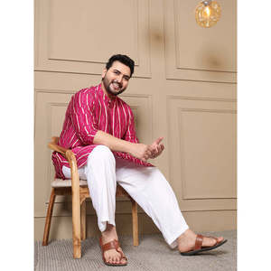Amanush Kurta Larga para Hombre, Talla Grande, con Estampado Bandhani a Rayas Magenta, Cuello Mandarín, Camisa Casual para Verano - Product Image 1