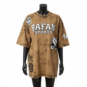 Camiseta de Algodón Extra Grande para Mujer, Lavada al Ácido, Suave y Transpirable, Estilo Desgastado Marrón, con Logotipo de Parche Personalizado Serigrafiado - Product Image 1