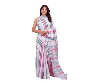 ชุดส่าหรีผ้าฝ้ายสำหรับผู้หญิงชุดปาร์ตี้ผ้าส่าหรีลายพิมพ์ด้วยมือดูสง่างามชุดฤดูร้อนสีสวย - Product Image 3