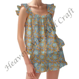 Block Printed Shorts PJ Sets | Bohemian Floral PJs | Boho Spring/Summer Floral Fitted Strappy Ruffle <b>Trim</b> Sleeves PJ Set - Product Image 3