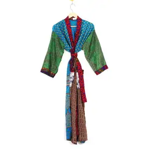 Kadınlar için Boho tarzı ipek Kimono hint Patchwork Robe tatil giyim dokunmamış dokuma yöntemi mükemmel gecelikler