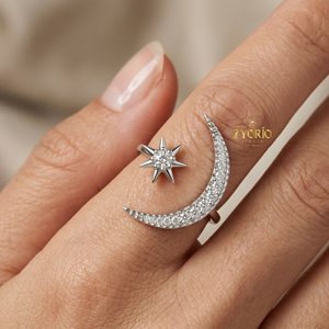 <b>Moon</b> Star Lab Diamond 18K GOLD Open <b>Ring</b> Celestial Womens Adjustable <b>Ring</b> - Product Image 1