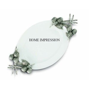 Textura martillada Forma redonda Color plata Brillante Pulido Heavy Duty Metal Hecho Bandeja para servir con hojas chapadas en oro Diseñador - Product Image 3