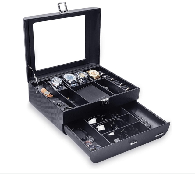 2025 Luxury Carbon Fiber Leather Watch Case with Drawer, Glass Top ,Sunglasses Holder