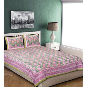 Sábana de Cama Doble Extra Grande de Algodón Jaipuri Verde 240 TC con 2 Fundas de Almohada con Estampado Floral Hecho a Mano (ALDB1002) - Product Image 2
