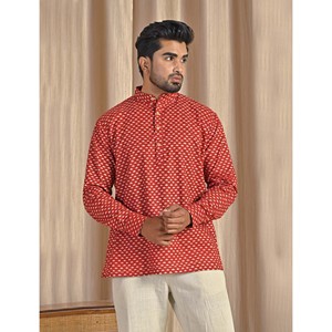 Kurta court en coton popeline bleu imprimé pour homme, chemise décontractée à manches longues, respirante et confortable - Product Image 5