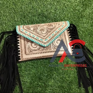 Bolso con flecos de cuero con estampado occidental para mujer, bolsos de cuero genuino tallados a mano, bolsos elegantes para mujer, novedad - Product Image 1