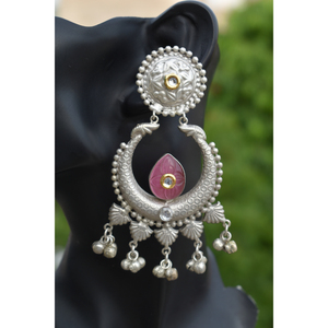 Boucles d'oreilles créoles jhumka en pierre traditionnelle, faites à la main, de grande taille, aspect argenté, imitation laiton, nouveau design, pour filles et femmes - Product Image 4