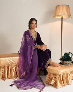 Vestidos Anarkali Largos de Estilo Indio Pakistaní, de Terciopelo de Viscosa Pura, con Bordado y Lentejuelas, Corte Ajustado, con Dupatta, para Ocasiones Especiales - Product Image 3