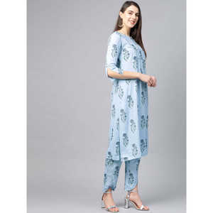 Conjunto de Kurta recto de algodón con estampado floral para mujer con pantalón azul cielo - Product Image 2