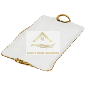 Plateau en métal enduit de poudre blanche avec grande pièce maîtresse rectangulaire plaquée or Plateau décoratif pour la maison et la cuisine - Product Image 1