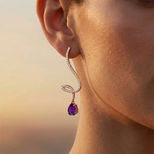 Pendientes Largos de Oro Sólido de 18k con Amatista Natural y Diamantes Blancos Reales, Piedra de Nacimiento, Regalo de Boda - Product Image 2