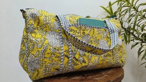 Le Souvenirs Handmade Blockprinted Quilted Cotton Duffle Bag Detachable Long <b>Belt</b> Yellow White Floral Print-Weekender Luxury - Product Image 2