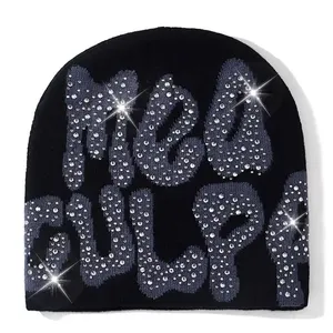 Bonnet d'hiver de luxe en strass, logo personnalisé, bonnet en tricot orné de cristaux, unisexe, adulte, OEM ODM, fabricant de bling, fournisseur en gros - Product Image 2