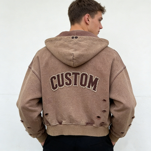 Sudadera con capucha para hombre, estilo casual urbano, venta al por mayor de fábrica, vintage, lavada, rasgada, con apliques de letras y bolsillos grandes - Product Image 5