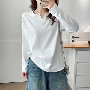 Camiseta de Moda Otoñal para Mujer, Talla Grande, Cuello en V, Manga Larga, Básica, Transpirable, de Jersey, Holgada, Color Sólido - Product Image 1