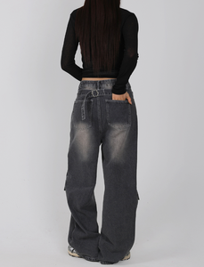 Pantalones Vaqueros Anchos de Pierna Ancha para Mujer HOOR, con Parche en la Rodilla y Tirantes en la Espalda, Elegantes, Casuales, Modernos, para Uso Diario, 2 Colores - Product Image 2