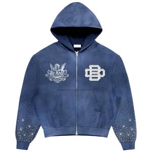 Sudadera con capucha y cremallera holgada de gran tamaño con diamantes de lujo personalizados, ropa de calle Vintage, sudadera con capucha con diamantes de imitación de peso pesado para hombres - Product Image 4