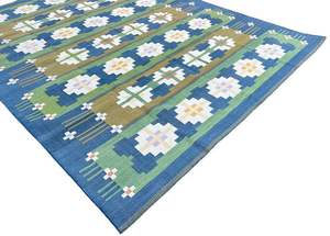 พรมขนสัตว์ทำมือแบบทอเรียบ ลายเรขาคณิตอินเดีย สีเขียว-น้ำเงิน  แบบสองด้าน ใช้ได้ทั้งสองด้าน  ปลอดสารพิษ  กันลื่น - Product Image 2