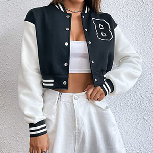 Custom Low MOQ <b>Ladies</b> Fashionable Crop Leather Varsity Jackets Leather <b>Tops</b> Lightweight Short Jacket Coat - Product Image 2
