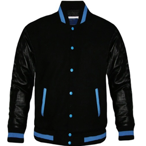 Chaqueta Varsity Negra para Hombre con Ribete Azul, Mangas de Cuero Sintético, Cuello Camisero, Corte Regular, para Otoño - Product Image 1