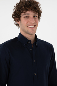 <b>Men's</b> <b>Navy</b> <b>Blue</b> Cotton Dress <b>Shirt</b> Button Down Collar Full Sleeve Solid Color Anti-Wrinkle Smart Casual Autumn Wear - Product Image 5