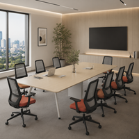 Table de conférence moderne en bois pour 6 personnes avec prises électriques intégrées et gestion des câbles, idéale pour les petites salles de réunion, les hôtels et les bureaux