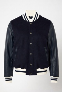 Custom Chenille Patch Embroidered Varsity <b>Jacket</b> Dark Green Wool with Real <b>Leather</b> Sleeves <b>Retro</b> Striped Cuffs Collar Hem Unisex - Product Image 2