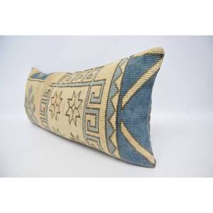 Geometric Kilim Patterned Wool Pillow 16x36 Inch <b>Beige</b> Vintage Fluffy Decorative Accent <b>Cushion</b> for Floor Use - Product Image 4