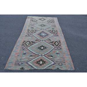 พรมขนสัตว์พื้นที่สไตล์ตุรกีโบราณขนาด48x96นิ้วการออกแบบการเย็บปะติดปะต่อกันด้วยสีเบจสีฟ้าแบบถักแบนใช้เทคนิคการตกแต่งห้องนั่งเล่นยาง - Product Image 1