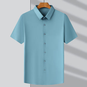 Chemise décontractée à manches courtes en Oxford solide pour hommes, simple boutonnage avec col montant, anti-rides, fourniture d'été ODM - Product Image 4