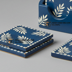 Indian Supplier Offers Handmade Blue & <b>White</b> Bone Inlay <b>Coaster</b> Set with Holder Floral Pattern Drink <b>Coasters</b> - Product Image 6