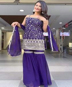 Impresionante Traje Sharara Festivo con Dupatta, Tejido en la Parte Superior, Algodón, Último Diseño para Fiestas, Recepciones y Reuniones - Product Image 4