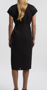 Robe midi formelle élégante pour femmes en noir avec col en V et manches courtes, coupe ajustée, élégante, pour le travail au bureau, tenue de tous les jours - Product Image 4
