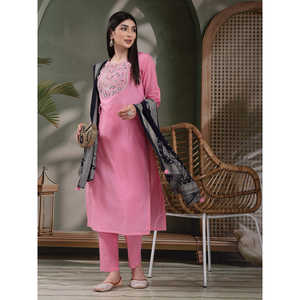 Kurta Recta Bordada de Algodón Puro para Mujer con Pantalones y Dupatta, Estilo Pakistaní, Ropa Étnica India para Diversas Ocasiones - Product Image 4