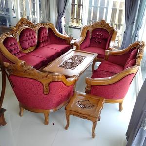 Juego de Sofás Seccionales en Forma de L de Estilo Barroco Europeo Tallado para Sala de Estar de Apartamento con Estructura de Madera y Tapicería de Tela - Product Image 6
