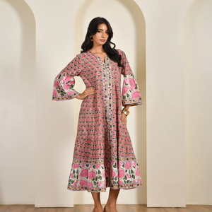 Vestido de algodón estampado a mano para mujer, vestido midi de manga larga, venta al por mayor directa de fábrica, fabricante de ropa OEM, pedidos al por mayor - Product Image 1
