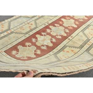 Alfombra de lana turca Vintage de 4 pies, 9x7 pies y 5 pulgadas, tejido plano de retazos beige y marrón para decoración de sala de estar con respaldo de látex - Product Image 3