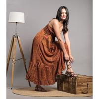 Robe longue vintage en soie tissée pour femme, col en V, imprimé floral, dos nu, taille élastique, lavable, silhouette trapèze, idéale pour les fêtes