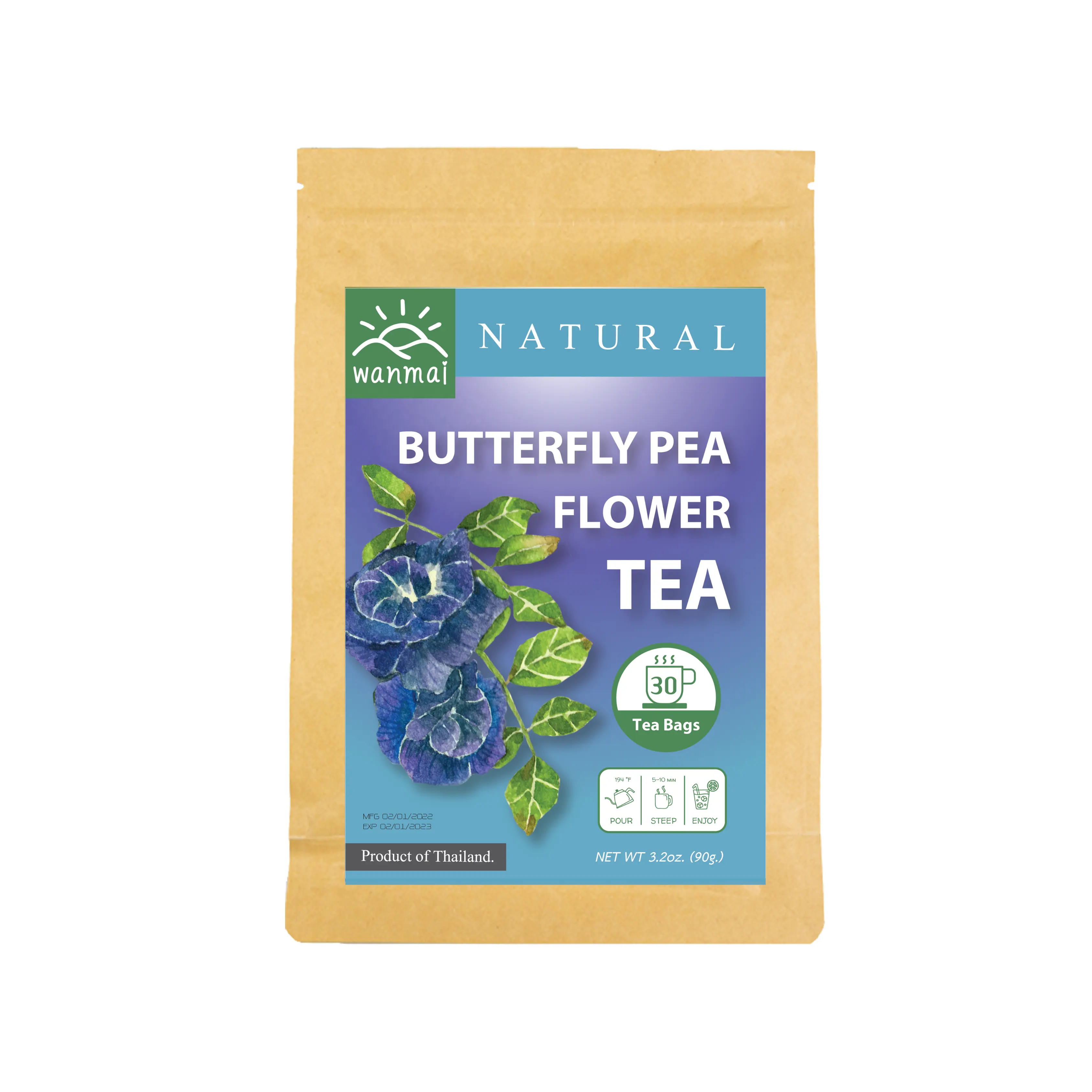 WANMAI29 Butterfly Pea Tea Unterstützt vegane und ketogene Diäten 100% echtes Kraut im Kraft-Steeping-Beutel