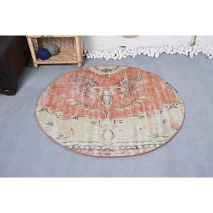 Alfombra de 4,2x4 pies, Alfombra Redonda Vintage, Alfombra Abstracta Naranja - Product Image 1