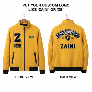 เสื้อแจ็คเก็ตซอฟต์เชลล์ผู้ชาย 320 GSM โพลีเอสเตอร์ผสมสแปนเด็กซ์ ผ้าฟลีซบอนด์ สีเหลืองดำ ดีไซน์แผงสีตัดกัน ปักโลโก้แบบเชนิลล์ตามสั่ง - Product Image 1