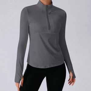 Gris charbon de bois femmes demi fermeture éclair entraînement pull à manches longues séchage rapide Stretch Yoga course entraînement Fitness vêtements de sport personnalisés - Product Image 1