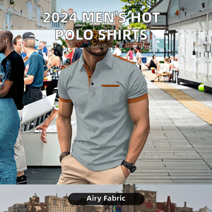 Men's Short Sleeve for Shirt Navy <b>Orange</b> Trim Cotton Pique Casual Breathable Printed Knitted Design Pocket Anti-Wrinkle 180g - Product Image 2
