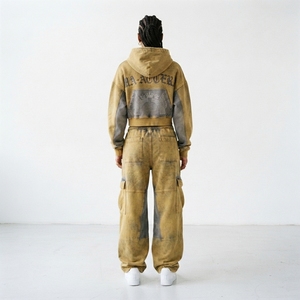 Custom Women Acid Wash Khaki Gray <b>Cropped</b> Zip Hoodie Cargo <b>Jogger</b> Set Cotton Fleece Streetwear Tracksuit OEM Wholesale - Product Image 2