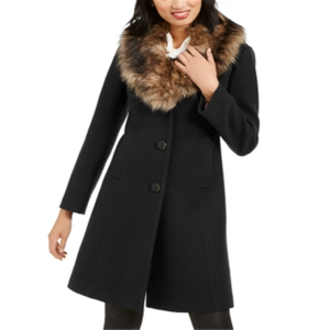 Cappotto Reversibile Kate Spade New York con Bordo in Finta Pelliccia, Nero, Taglia S, Tessuto in Lana, Pelliccia di Volpe, Imbottitura in Cotone, Guscio in Lana, Stampa con Cintura - Product Image 1