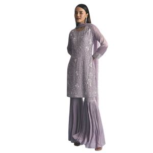 Traje lavanda Chinon Kurta Sharara con bordado Moti para fiesta de boda india elegante y traje festivo tradicional - Product Image 3