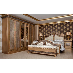 Luxury Classic Solid <b>Wooden</b> Yasmin Bedroom Set With High Quality Hand Carving and Gold Finish - Product Image 1
