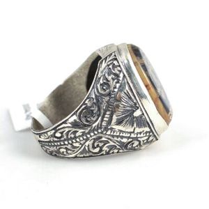 Bague pour homme en argent sterling 925 avec pierre d'ambre pressée, motif aigle Seljuk anatolien incrusté, sertissage clos, pour usage quotidien, turquoise - Product Image 3
