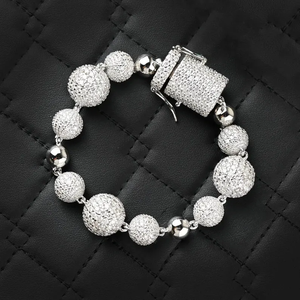 Silver Iced Bead <b>Bracelet</b> Classic Round Ball Link Premium Look <b>Bracelet</b> - Product Image 1